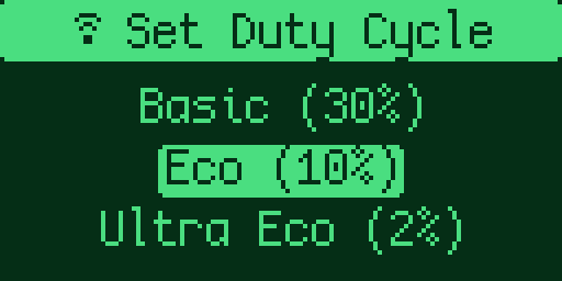 Whisper OS GPS duty cycle selection screen